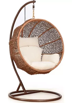 Discount 👍 Manhattan Comfort Zolo Hanging Lounge Egg Swing Chair in Cream and Saddle Brown 👏